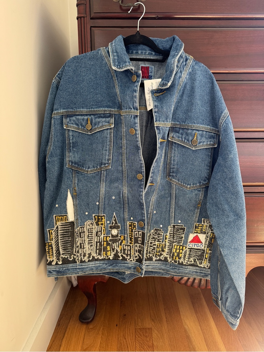 Denim Jacket with City Skyline Embroidery - Blue